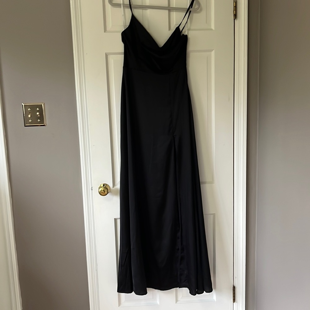 Black formal prom dress, slight scoop neck.